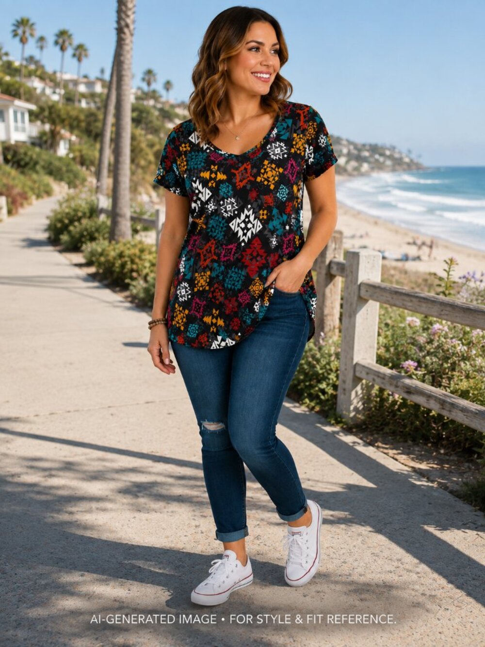 LuLaRoe Classic T Black Multicolor Southwestern Geometric Print Top